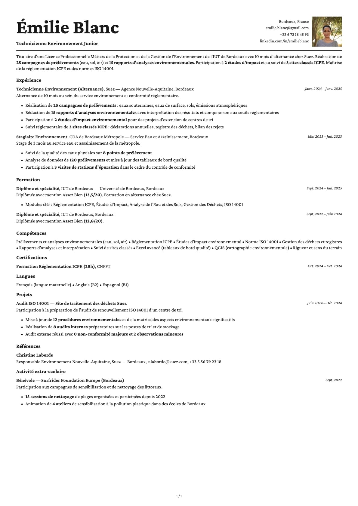 Technicien Environnement Junior resume example