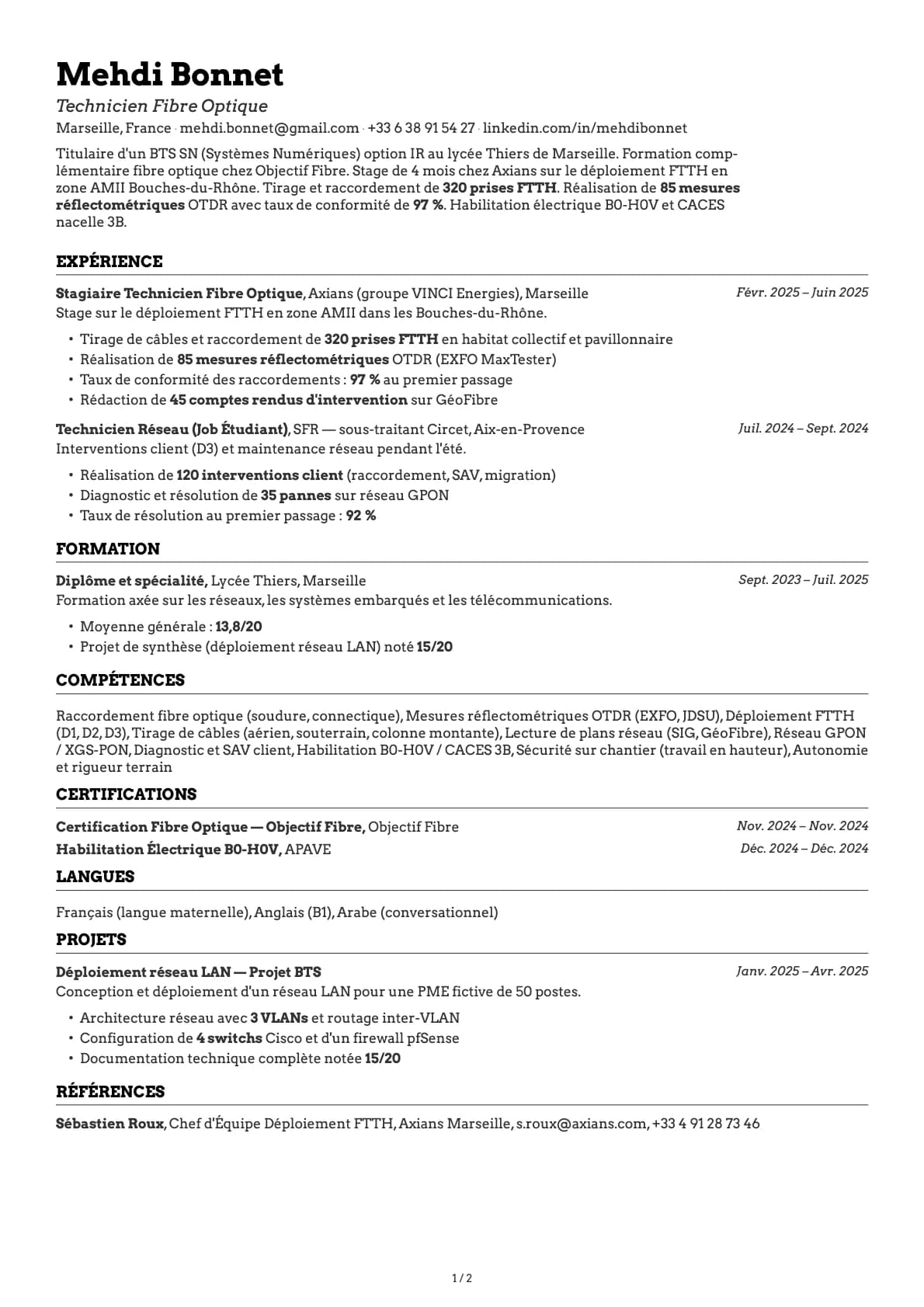 Technicien Fibre Optique resume example