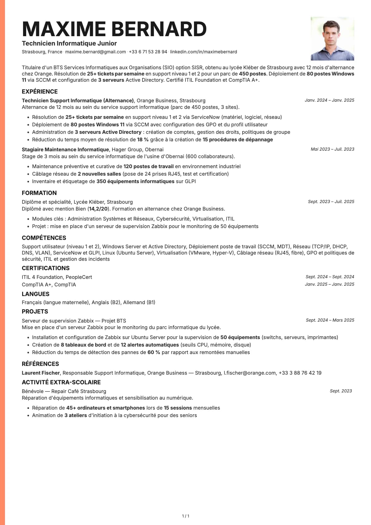 Technicien Informatique Junior resume example