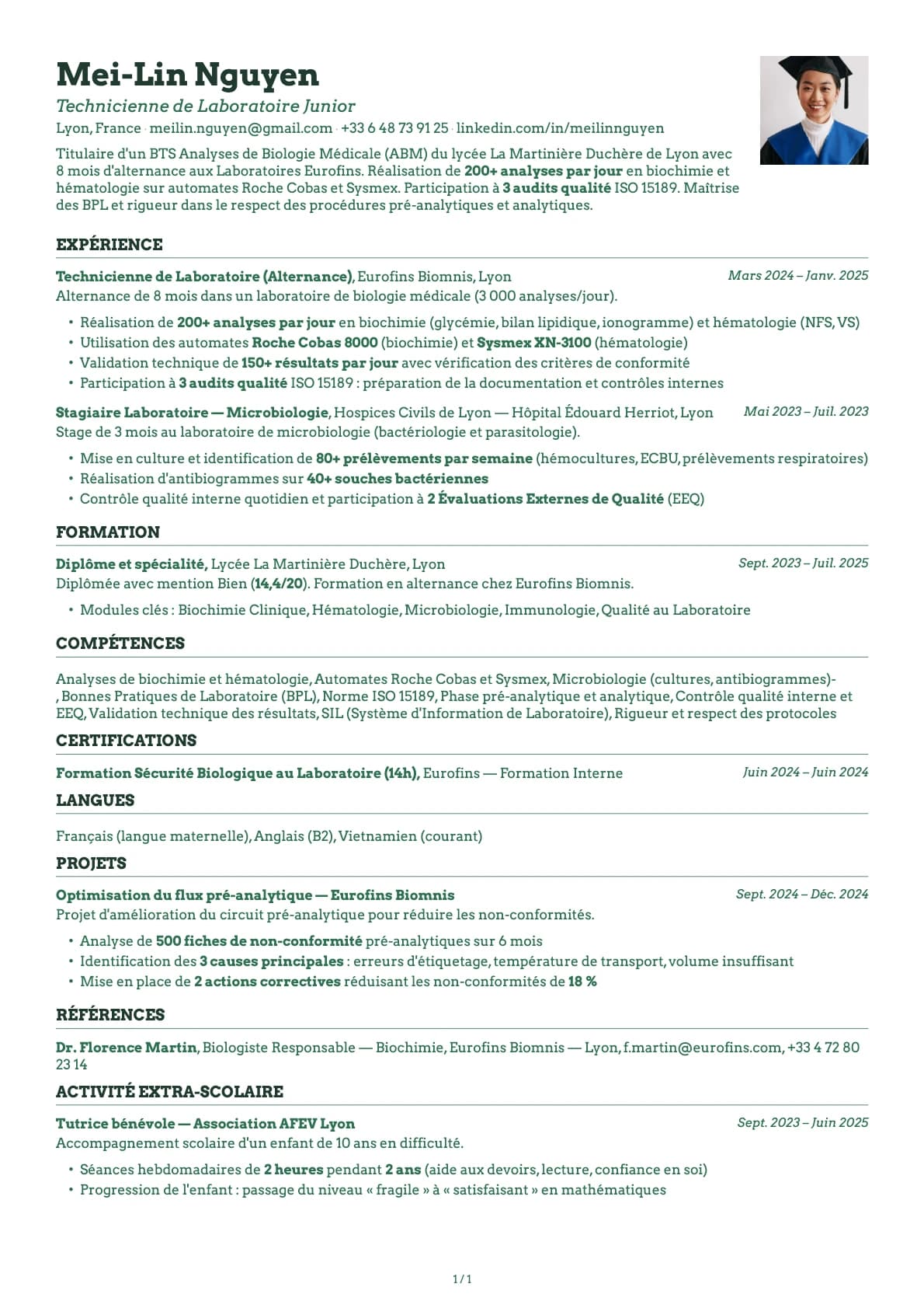 Technicien de Laboratoire Junior resume example