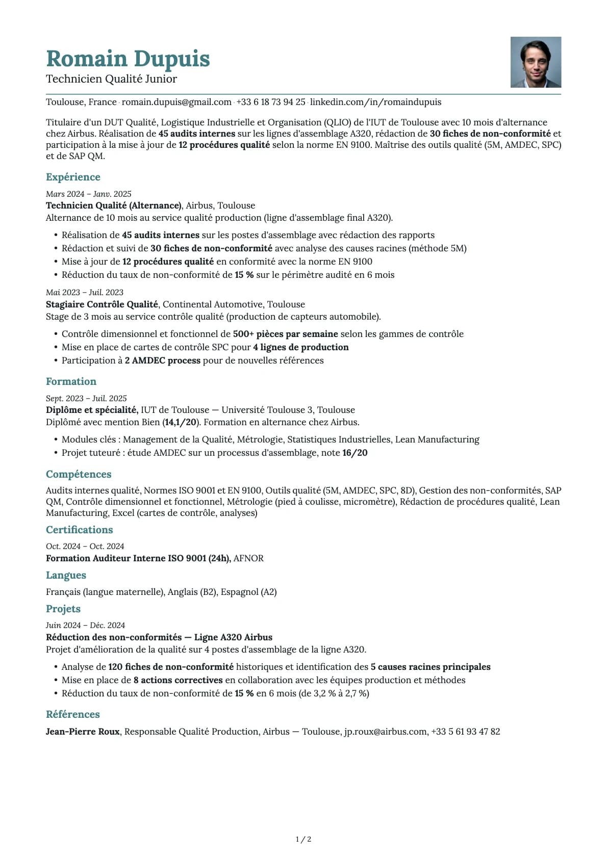 Technicien Qualité Junior resume example