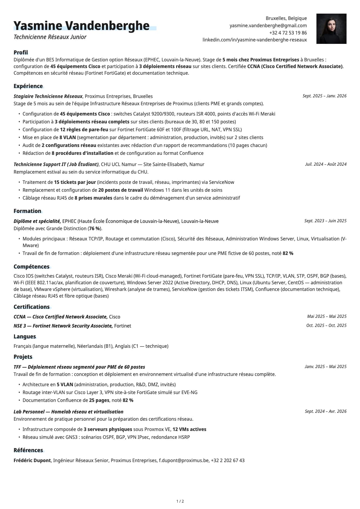 Technicienne Réseaux Junior resume example