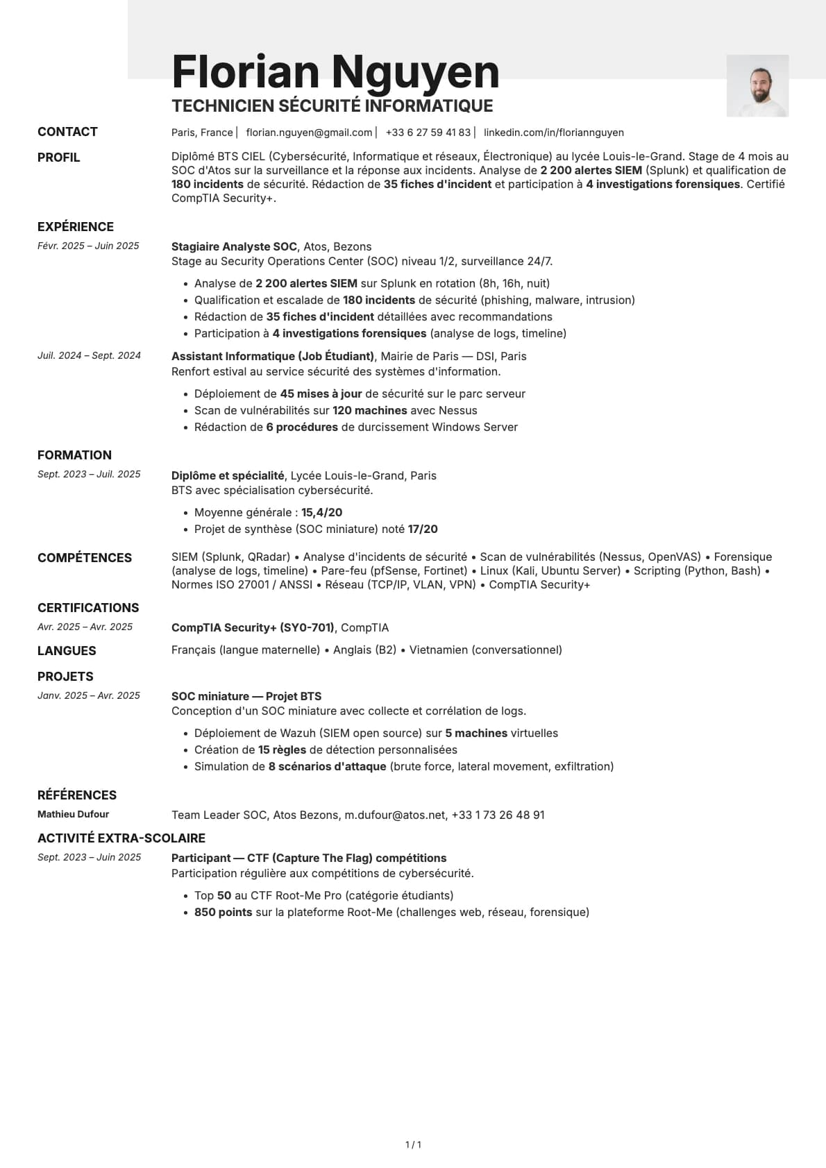 Technicien Sécurité Informatique resume example