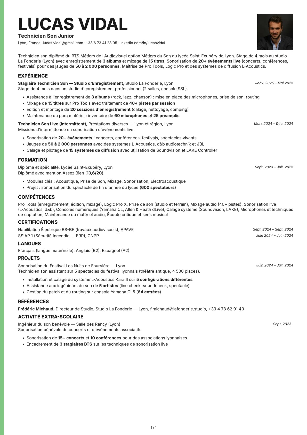 Technicien Son Junior resume example