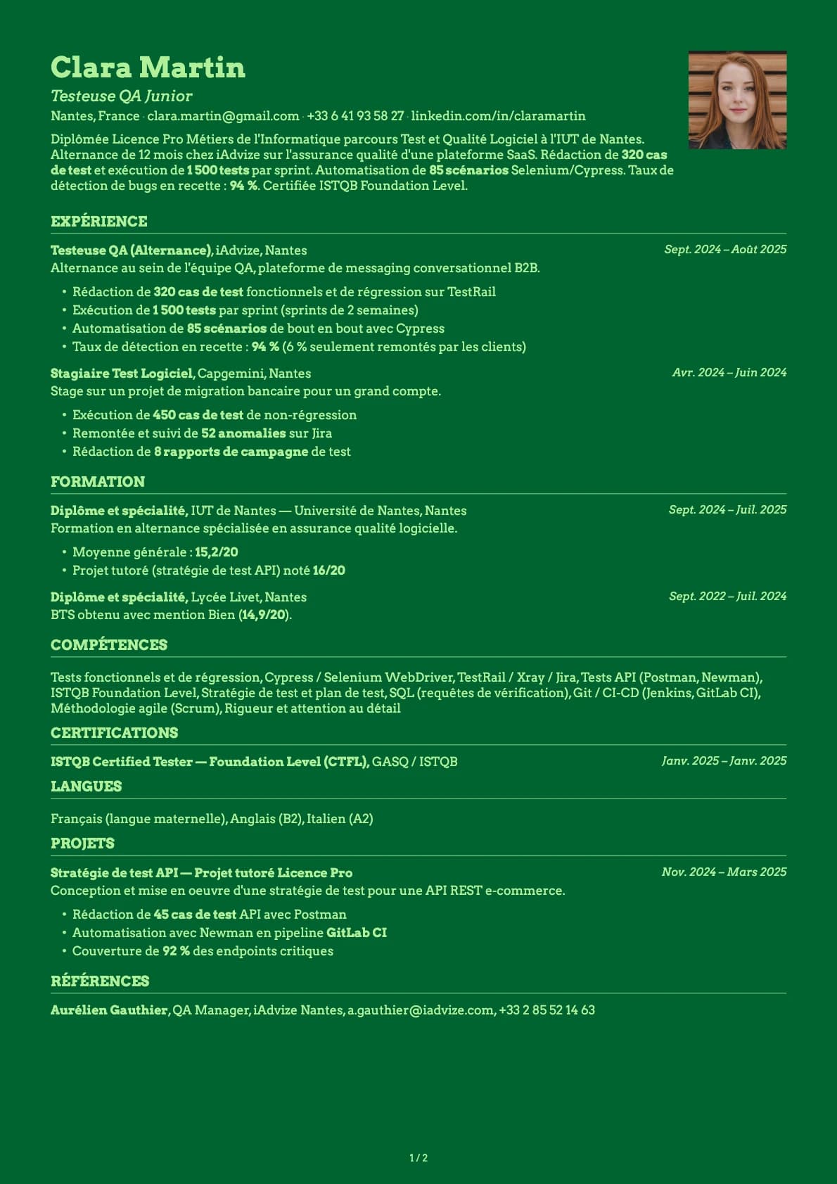 Testeuse QA Junior resume example