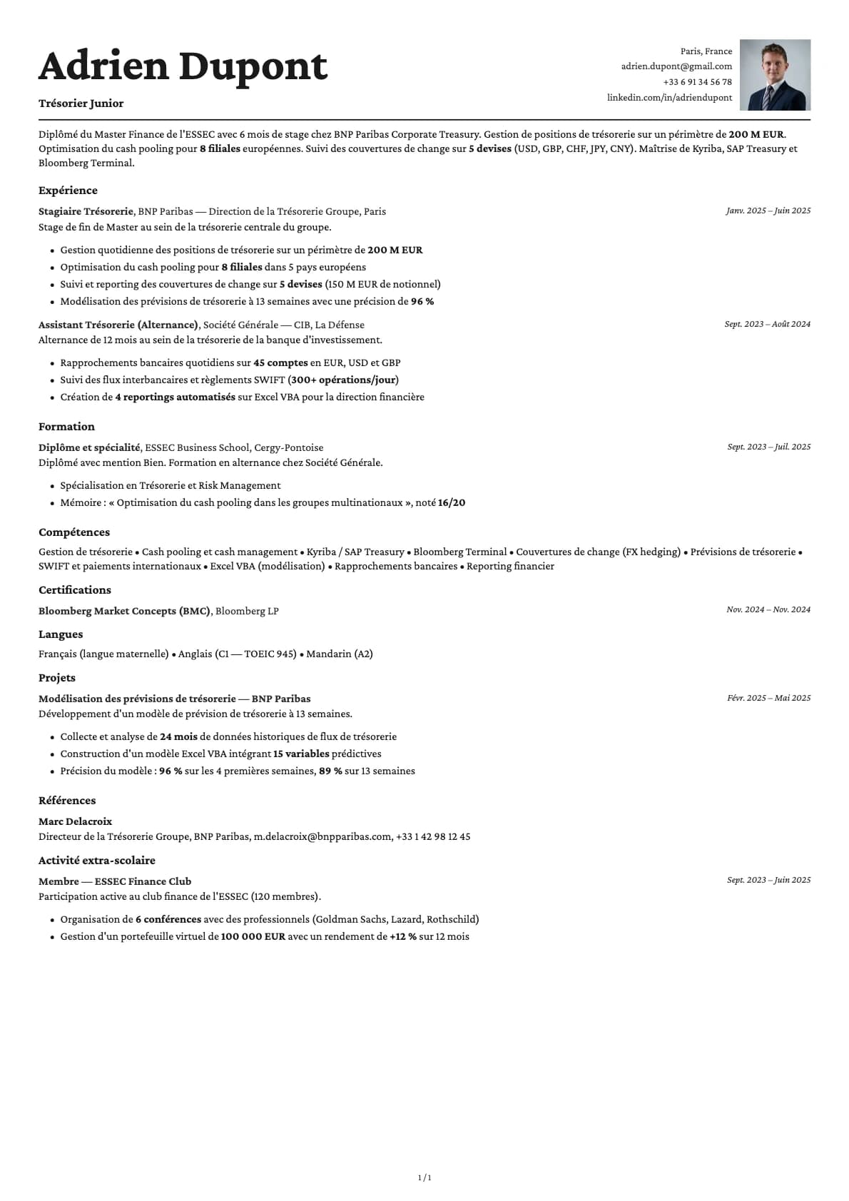 Trésorier Junior resume example