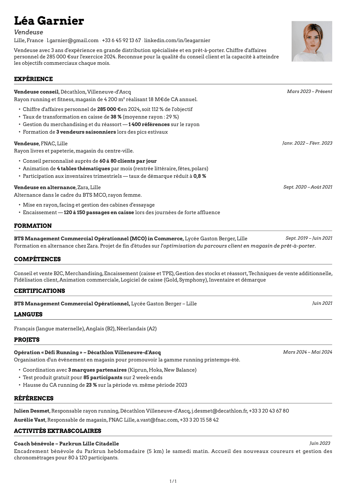 Vendeur / Vendeuse resume example