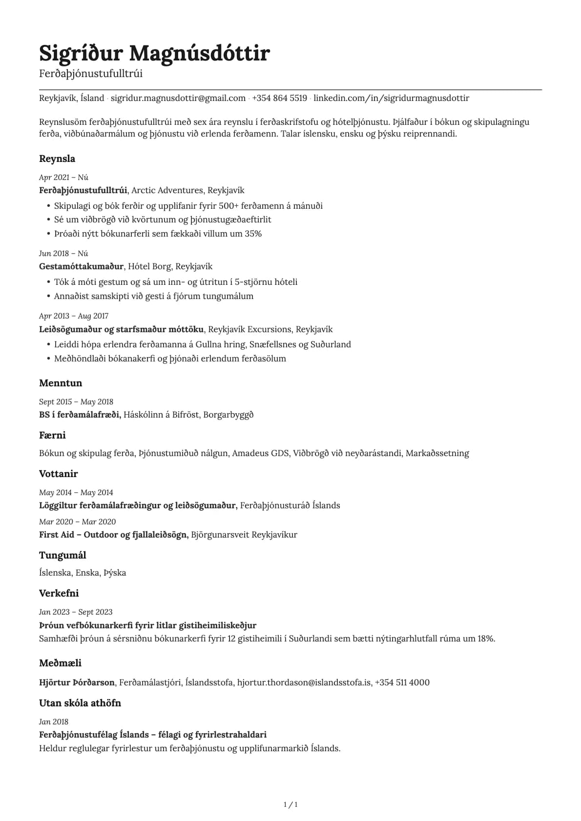Ferðaþjónustufulltrúi resume example