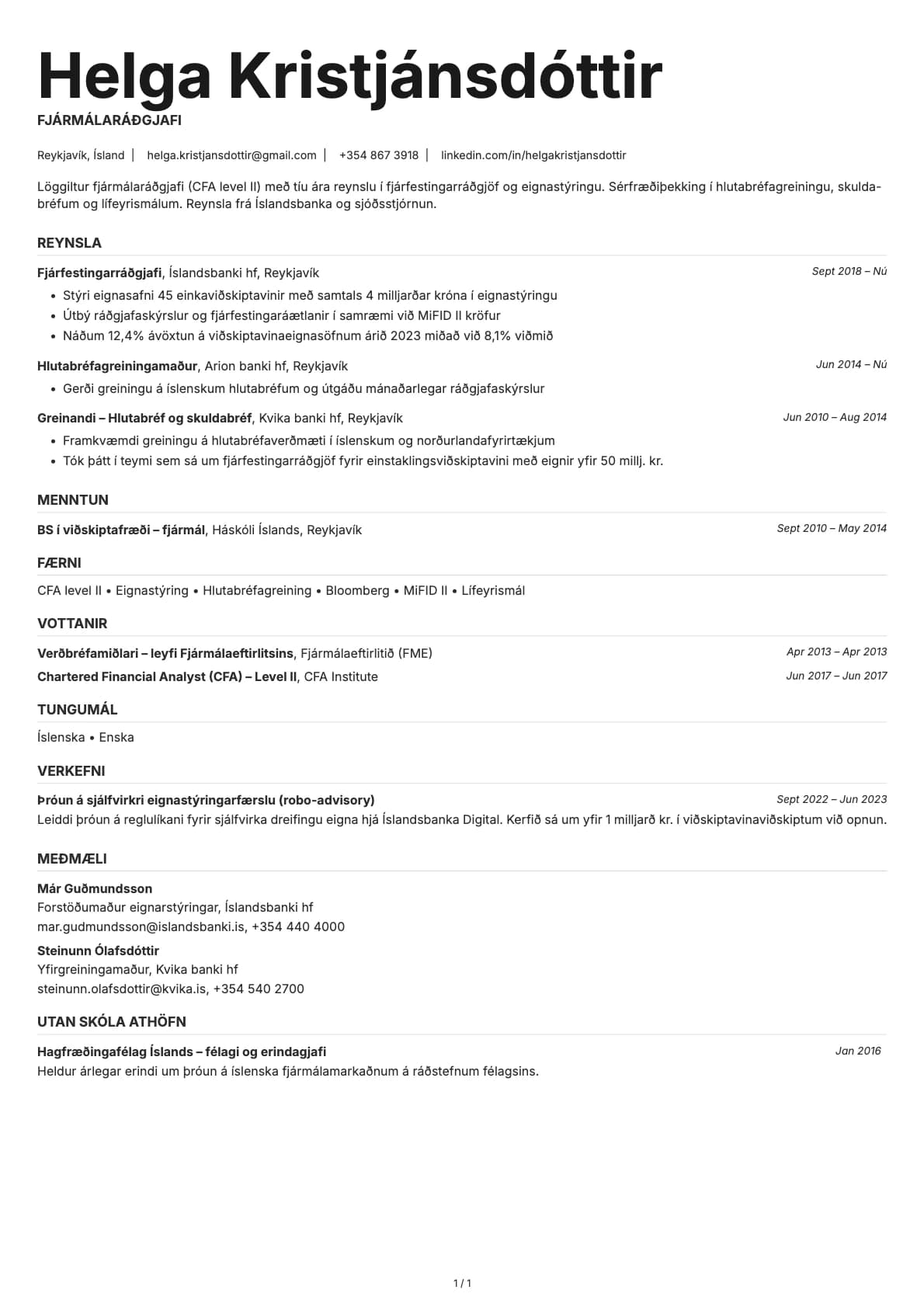 Fjármálaráðgjafi resume example