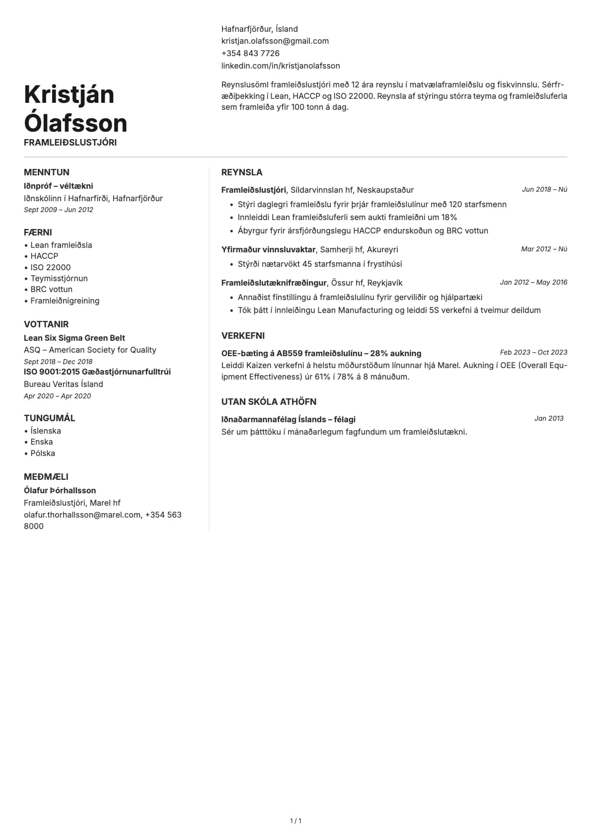 Framleiðslustjóri resume example