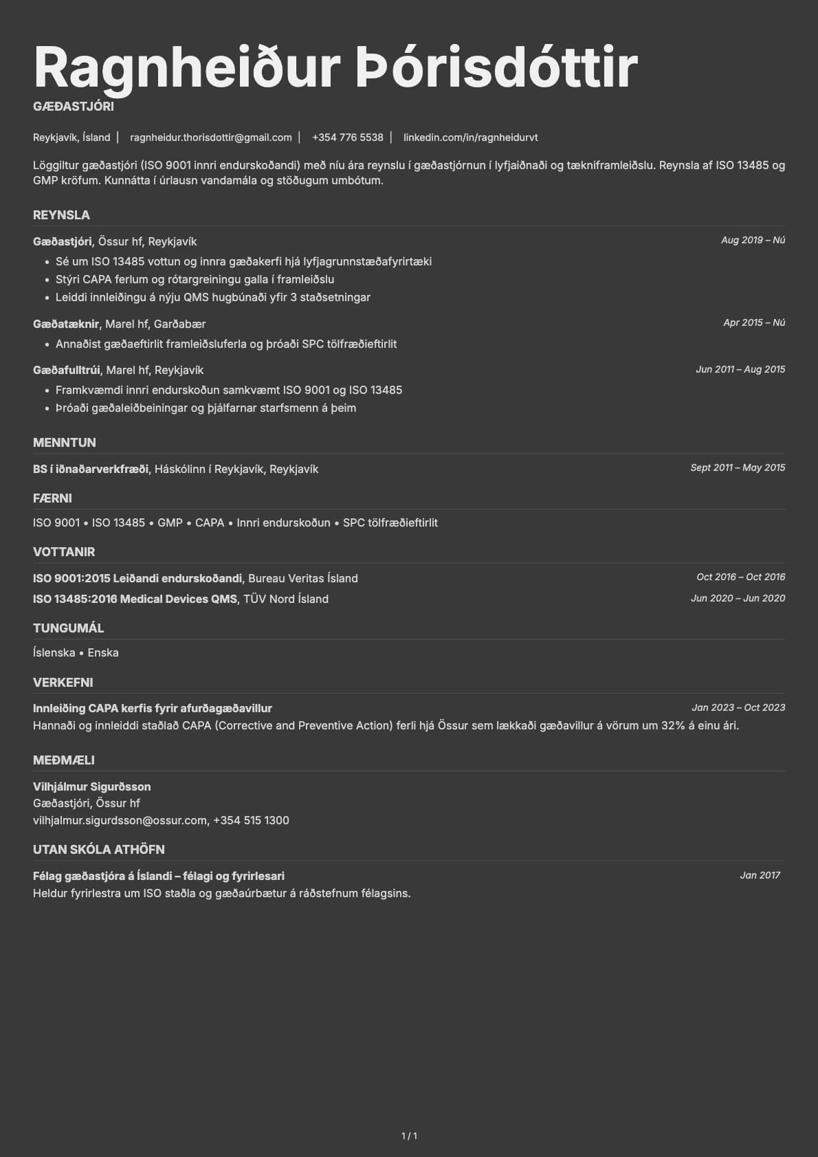 Gæðastjóri resume example