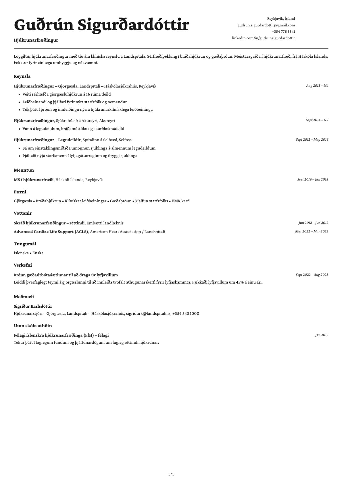 Hjúkrunarfræðingur resume example