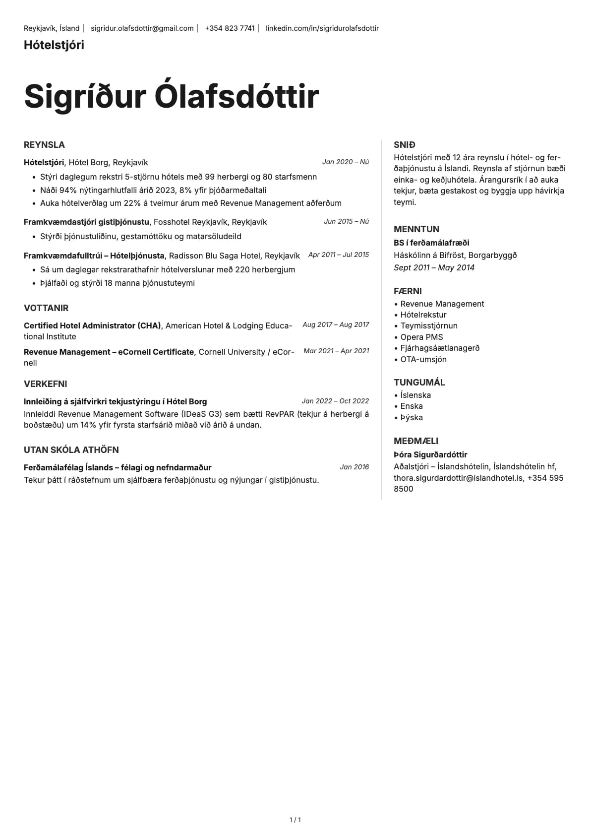 Hótelstjóri resume example