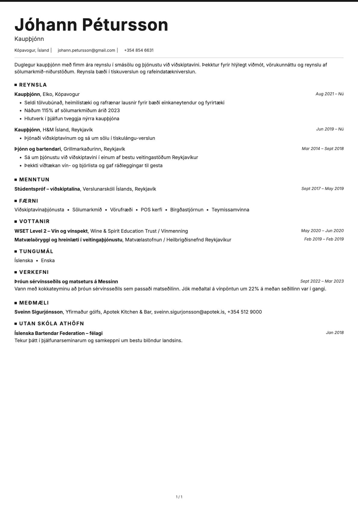 Kaupþjónn resume example