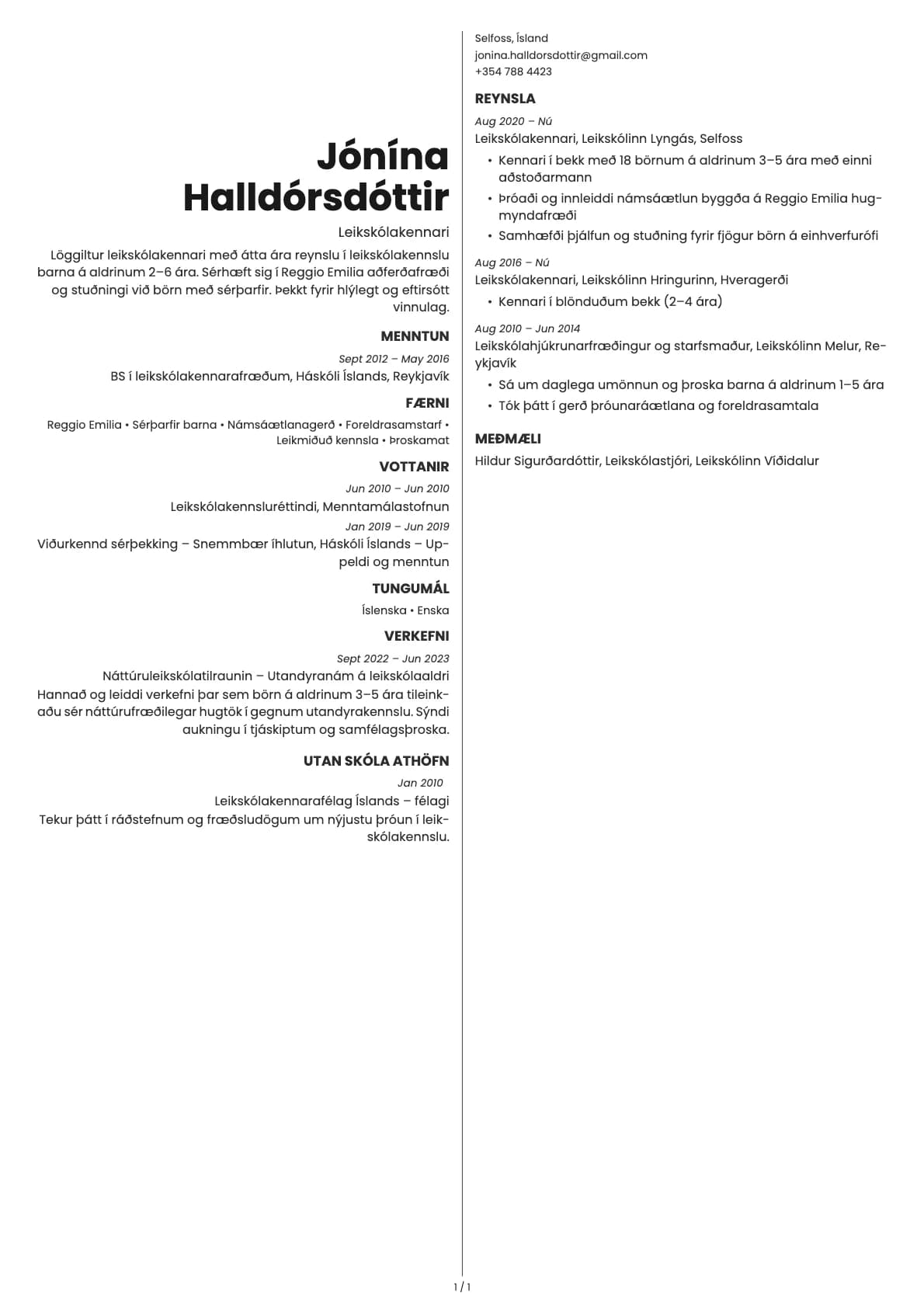 Leikskólakennari resume example