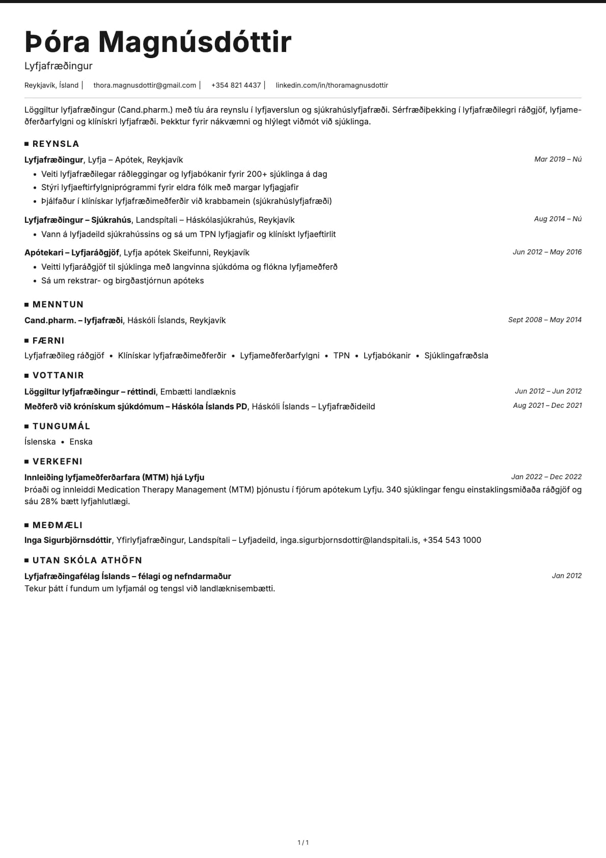 Lyfjafræðingur resume example