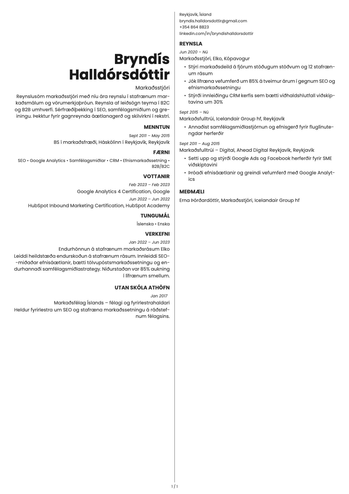 Markaðsstjóri resume example