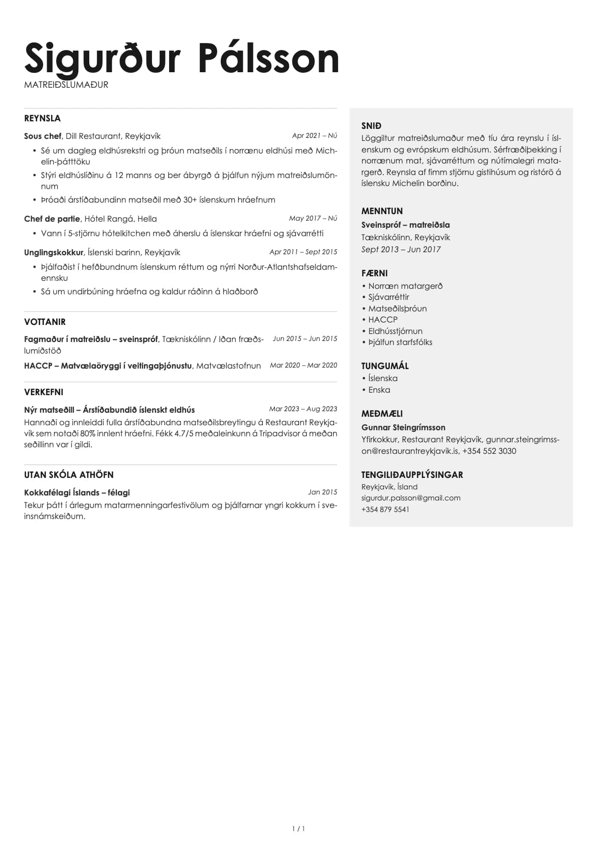 Matreiðslumaður resume example