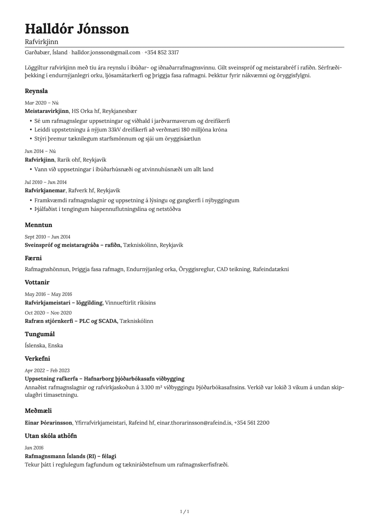 Rafvirkjinn resume example