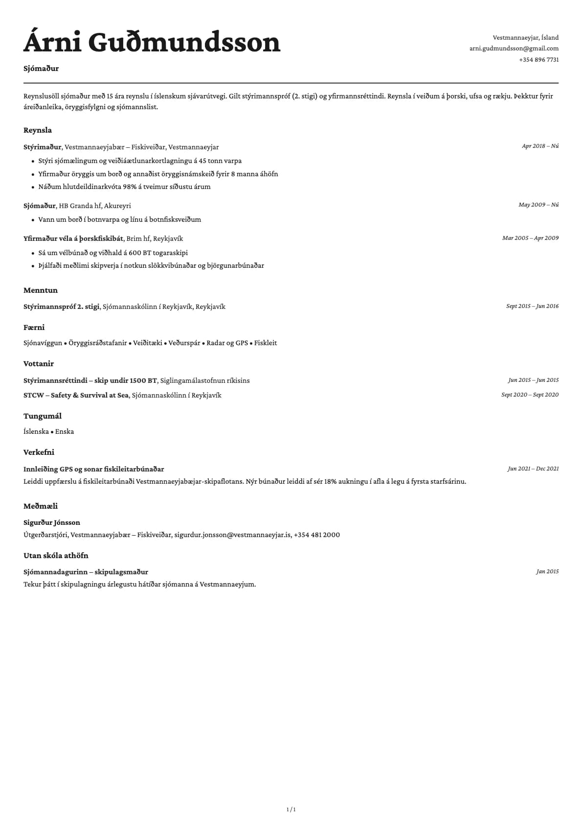 Sjómaður resume example
