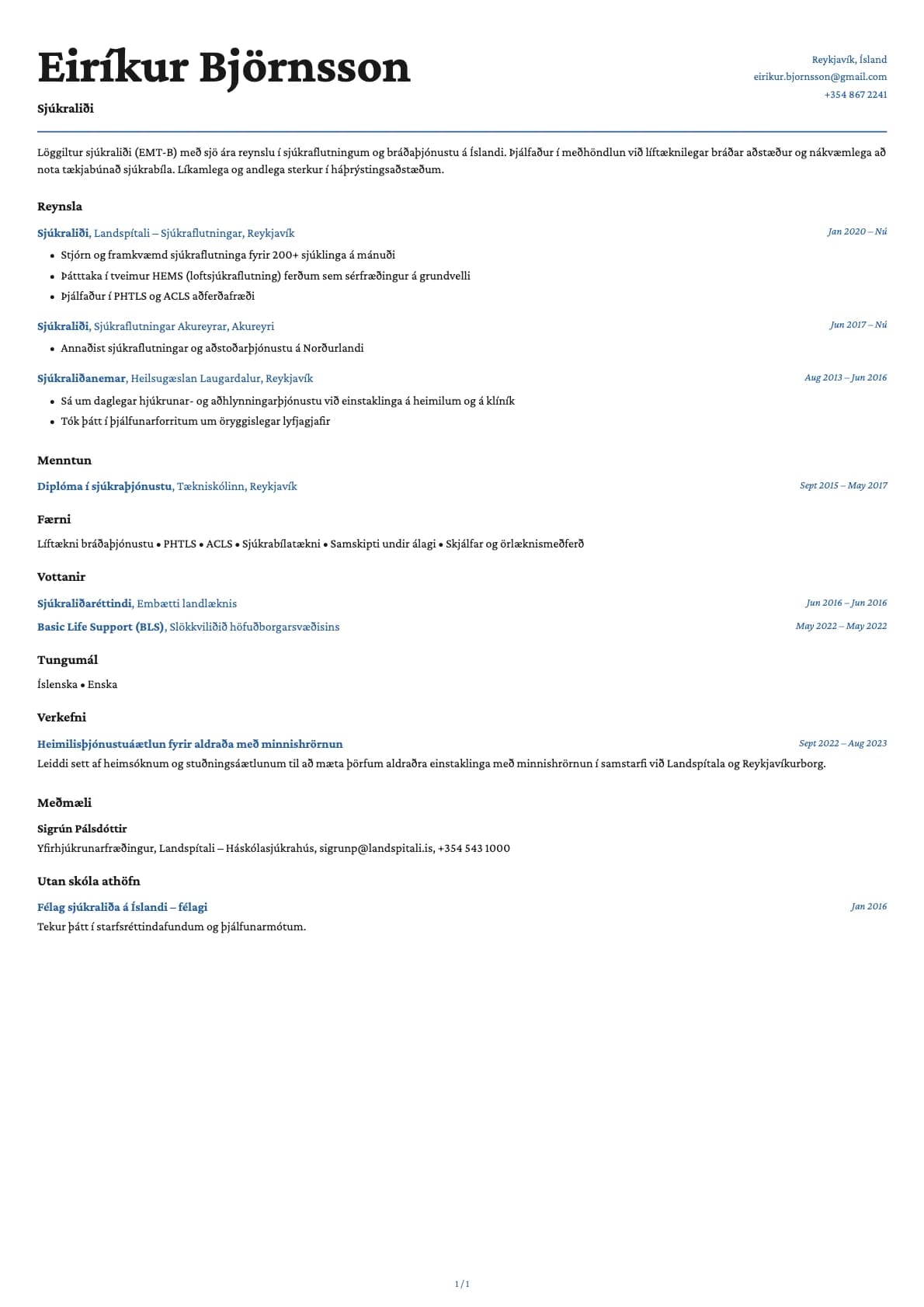 Sjúkraliði resume example