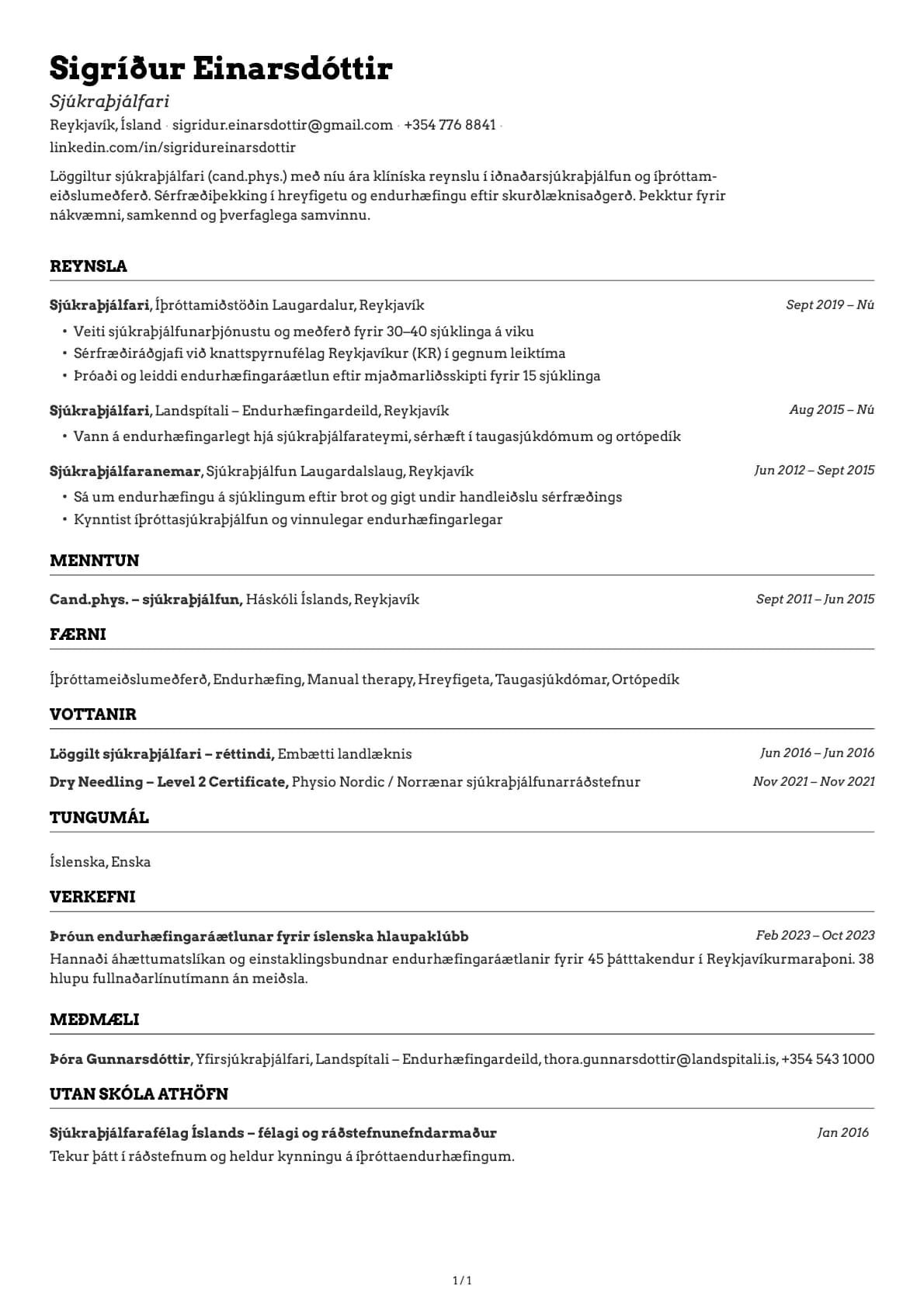 Sjúkraþjálfari resume example