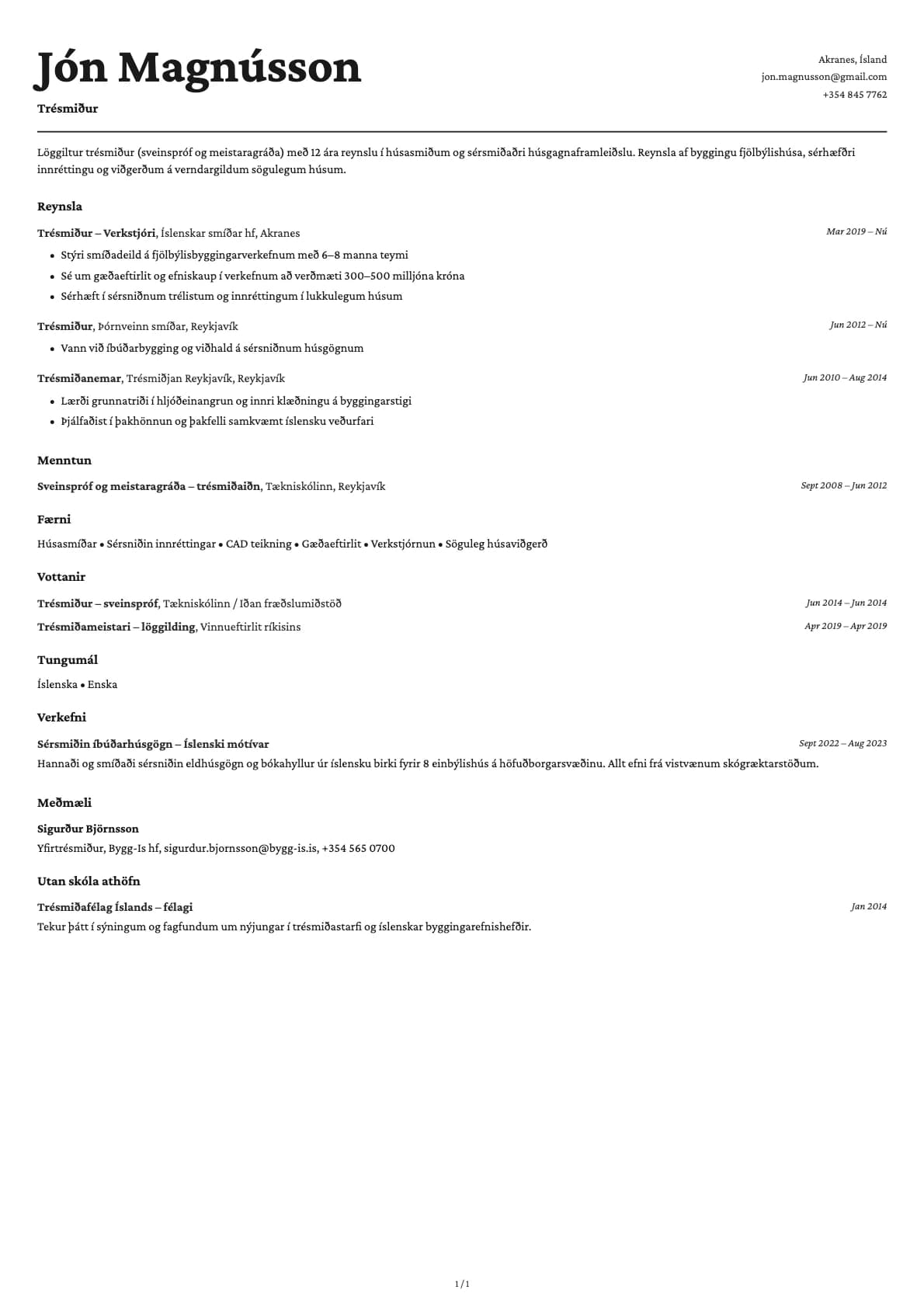 Trésmiður resume example