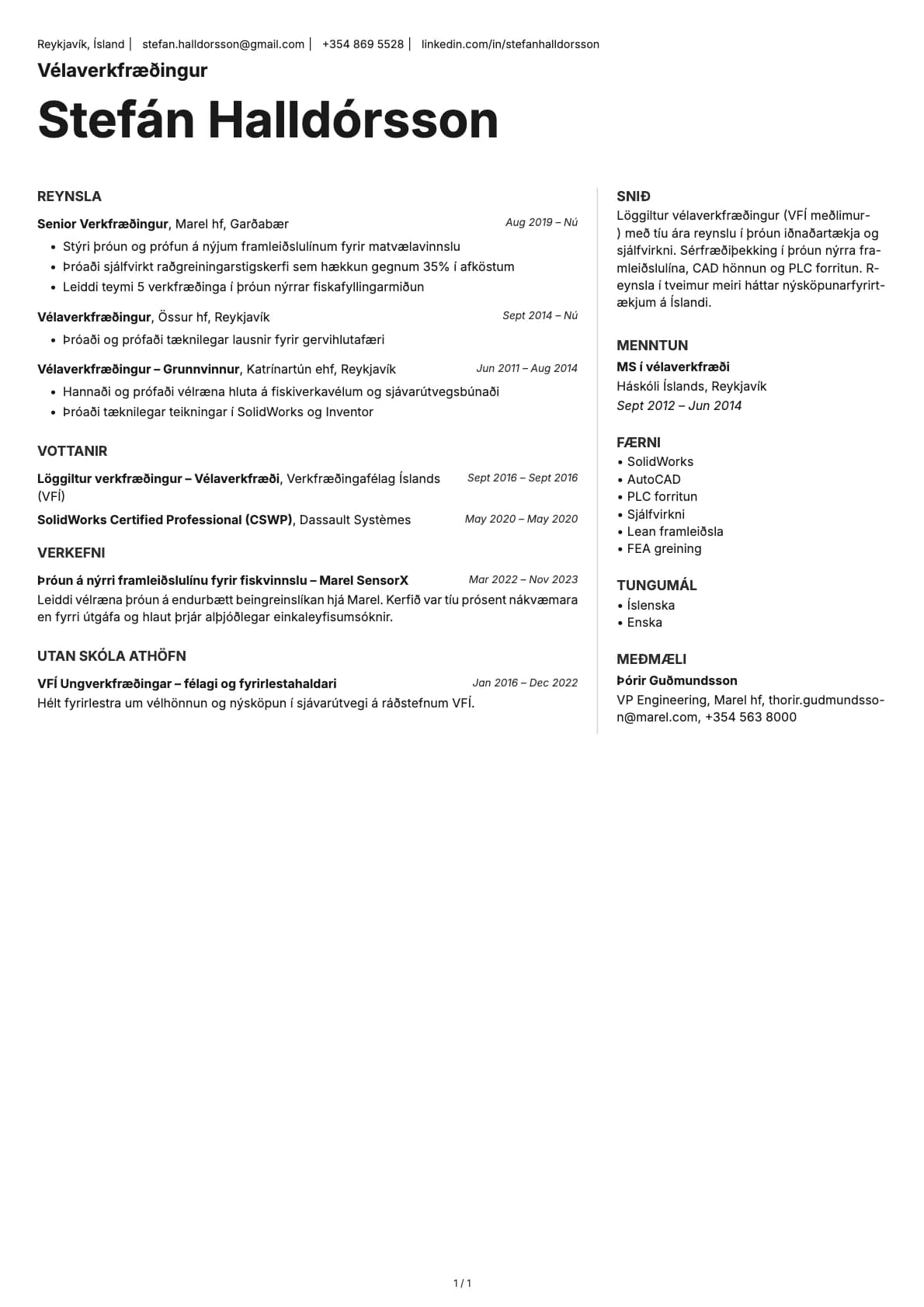 Verkfræðingur resume example