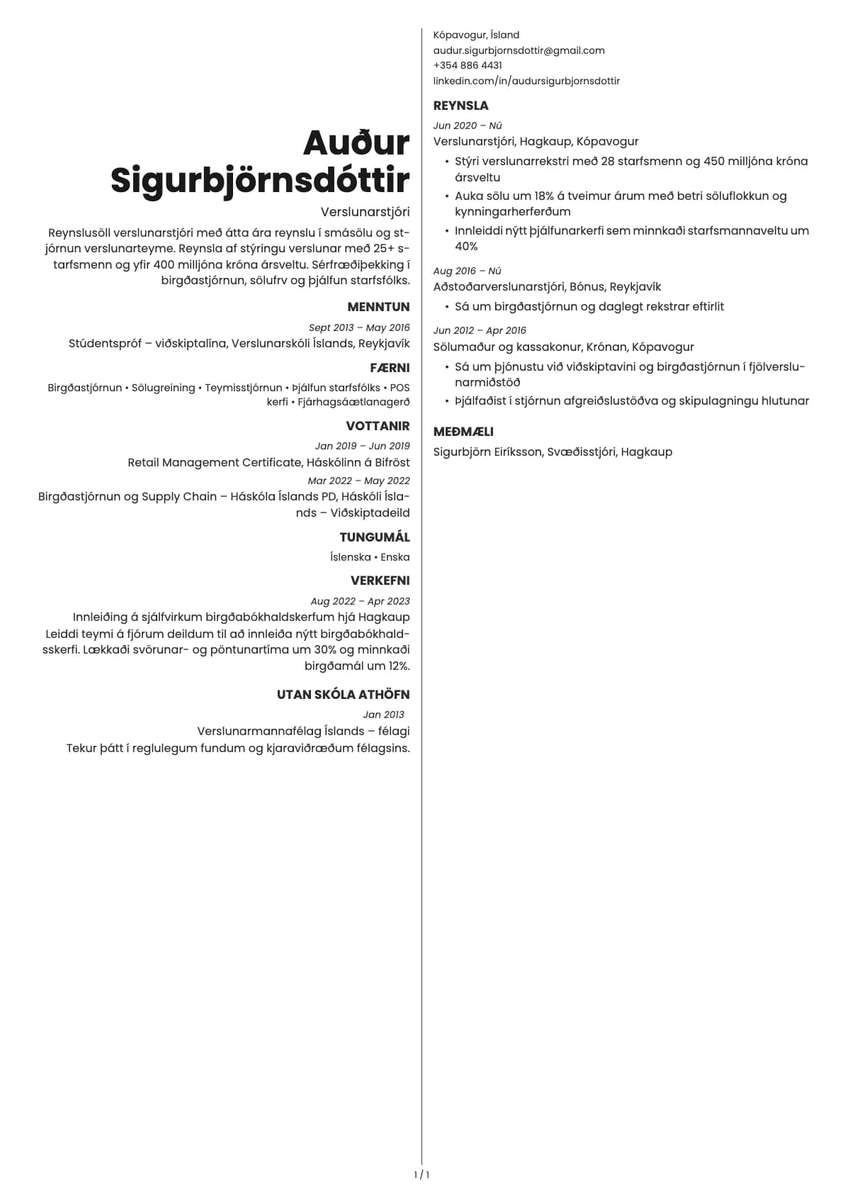 Verslunarstjóri resume example