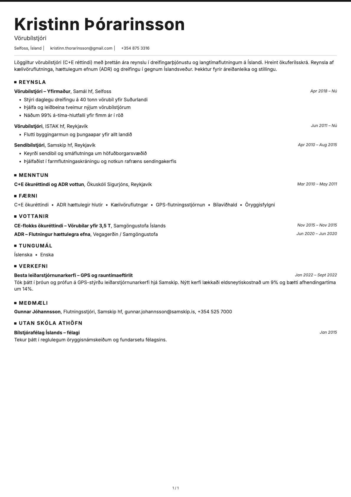 Vörubílsstjóri resume example
