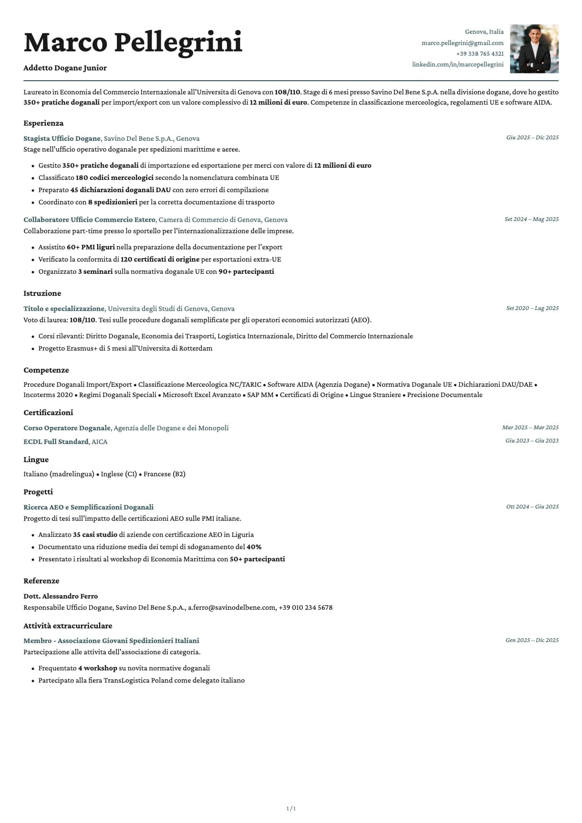 Addetto Dogane Junior resume example