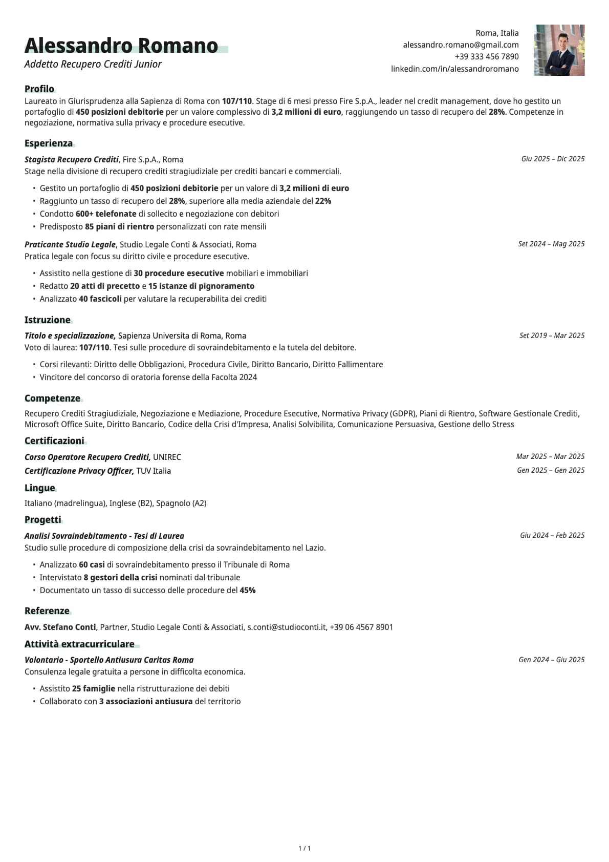 Addetto Recupero Crediti Junior resume example