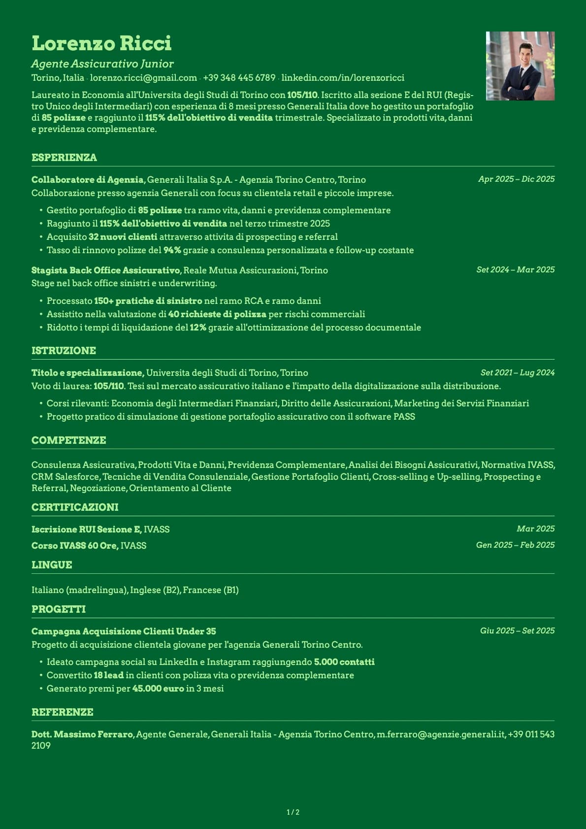 Agente Assicurativo Junior resume example