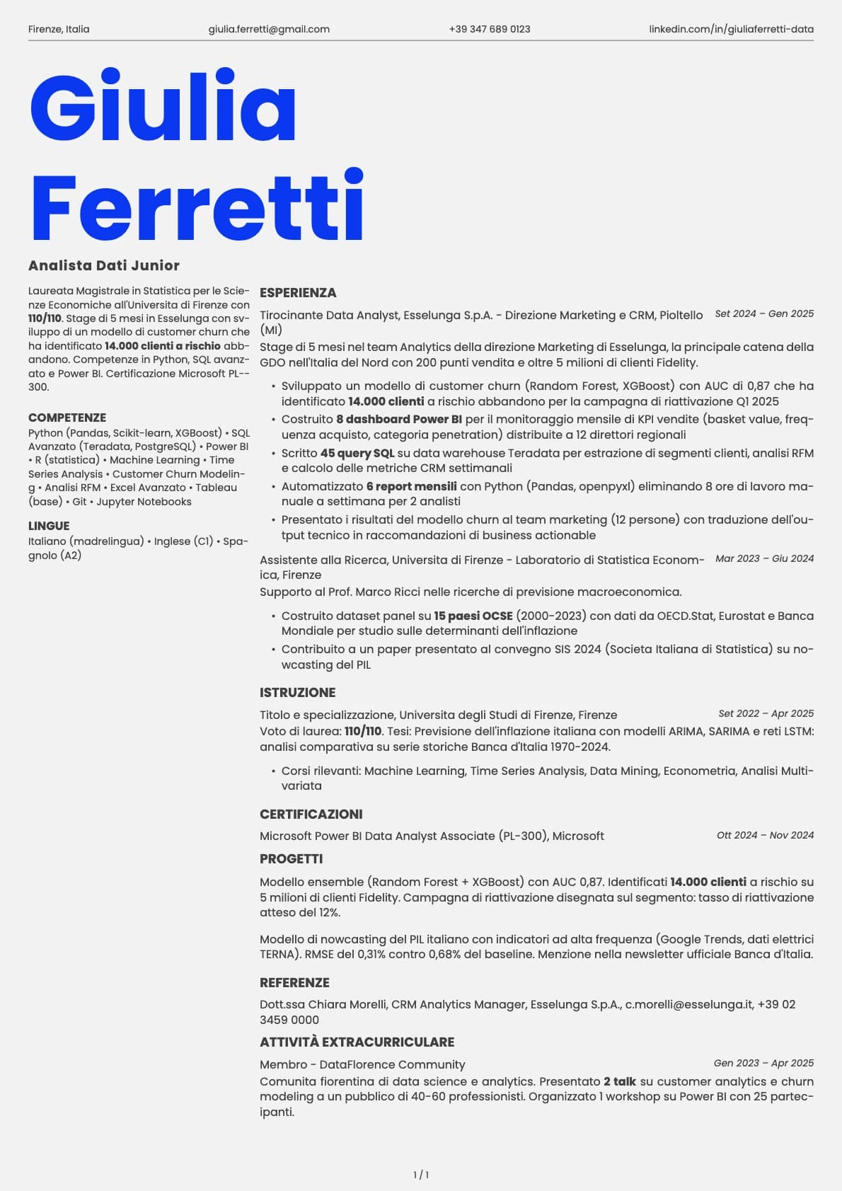 Analista Dati Junior resume example