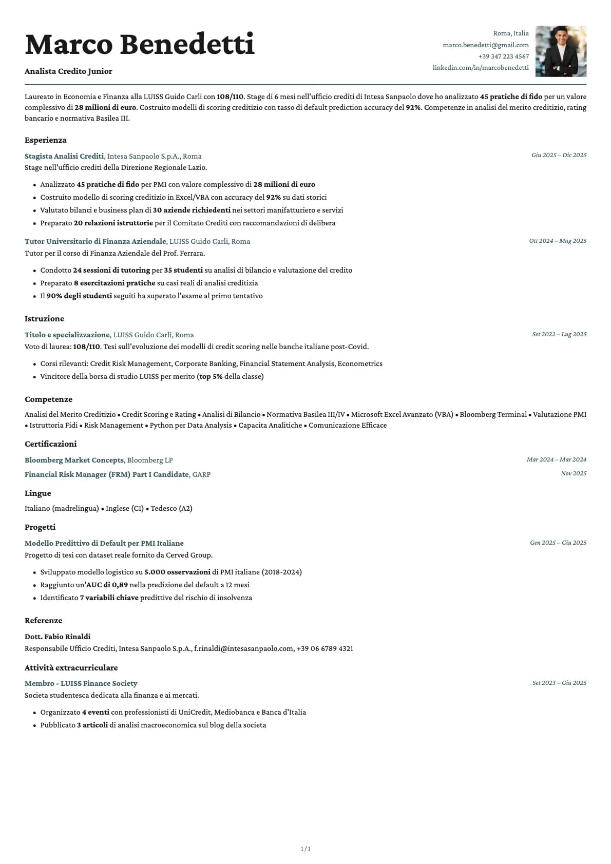 Analista Credito Junior resume example