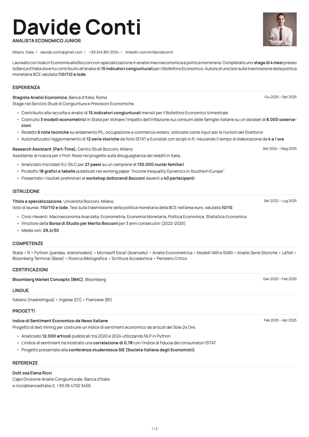Analista Economico Junior resume example