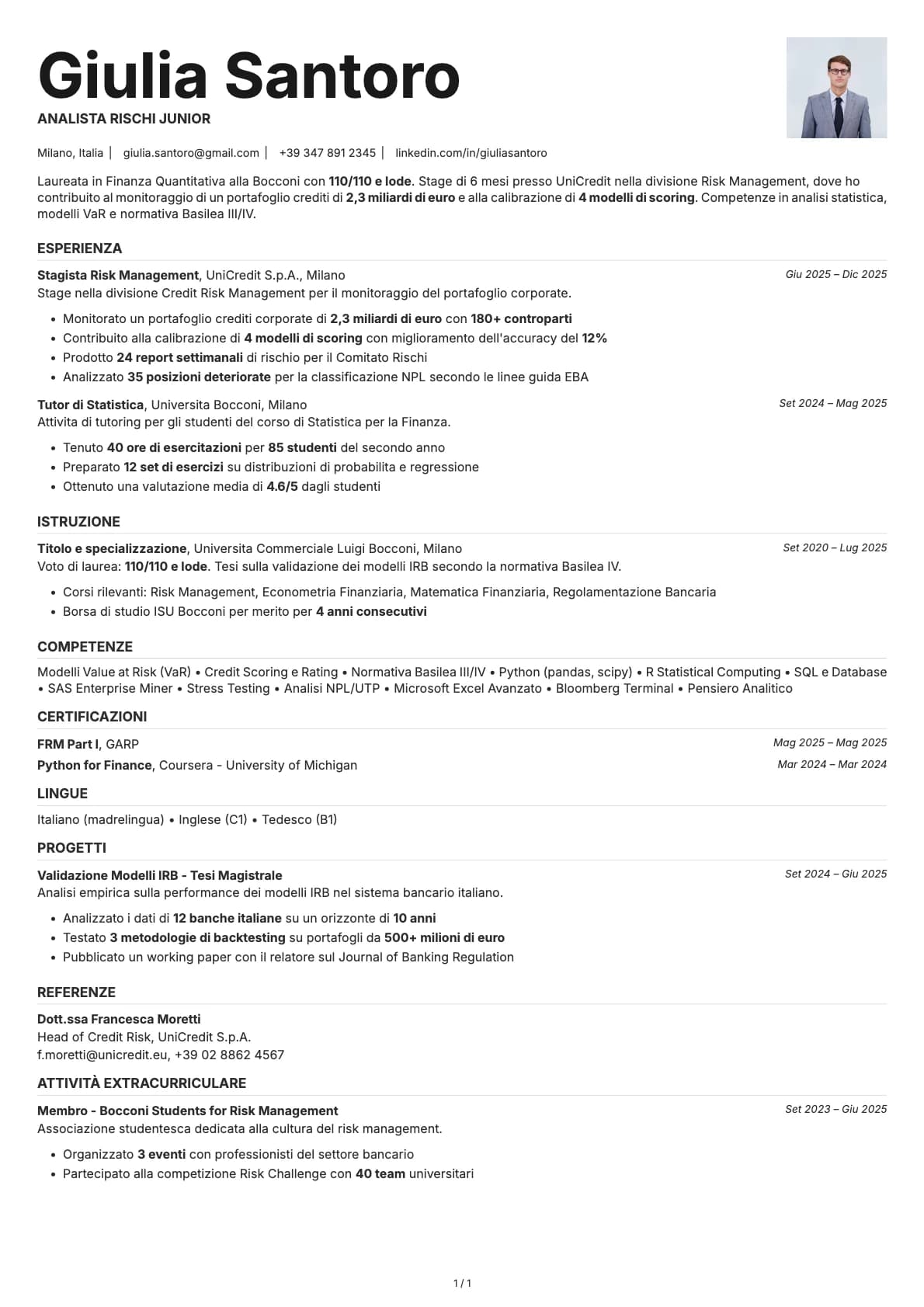 Analista Rischi Junior resume example