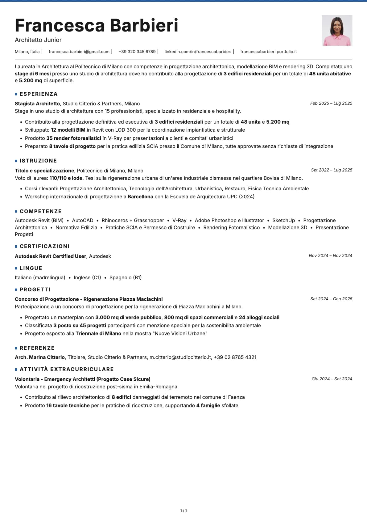 Architetto Junior resume example