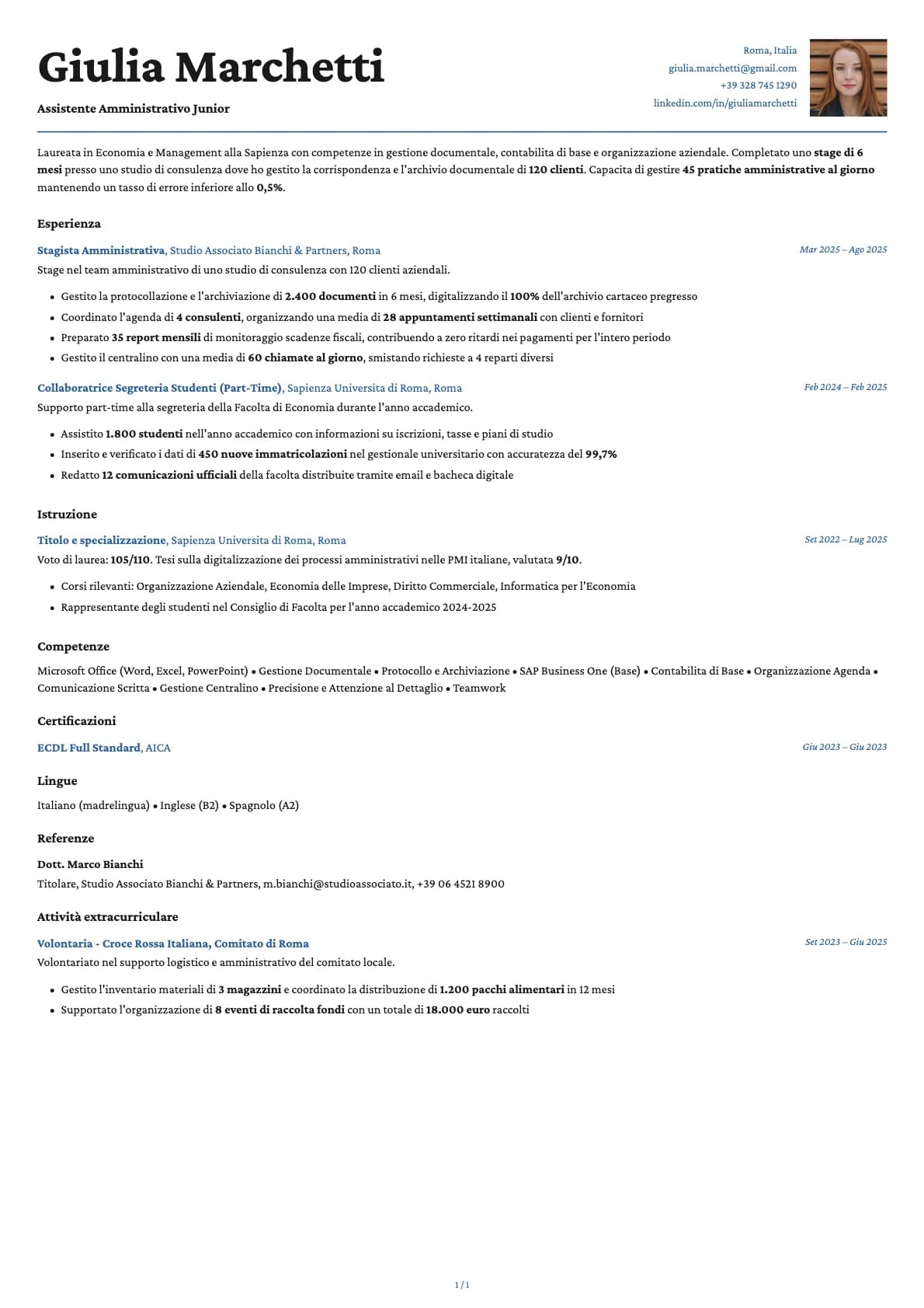 Assistente Amministrativo Junior resume example