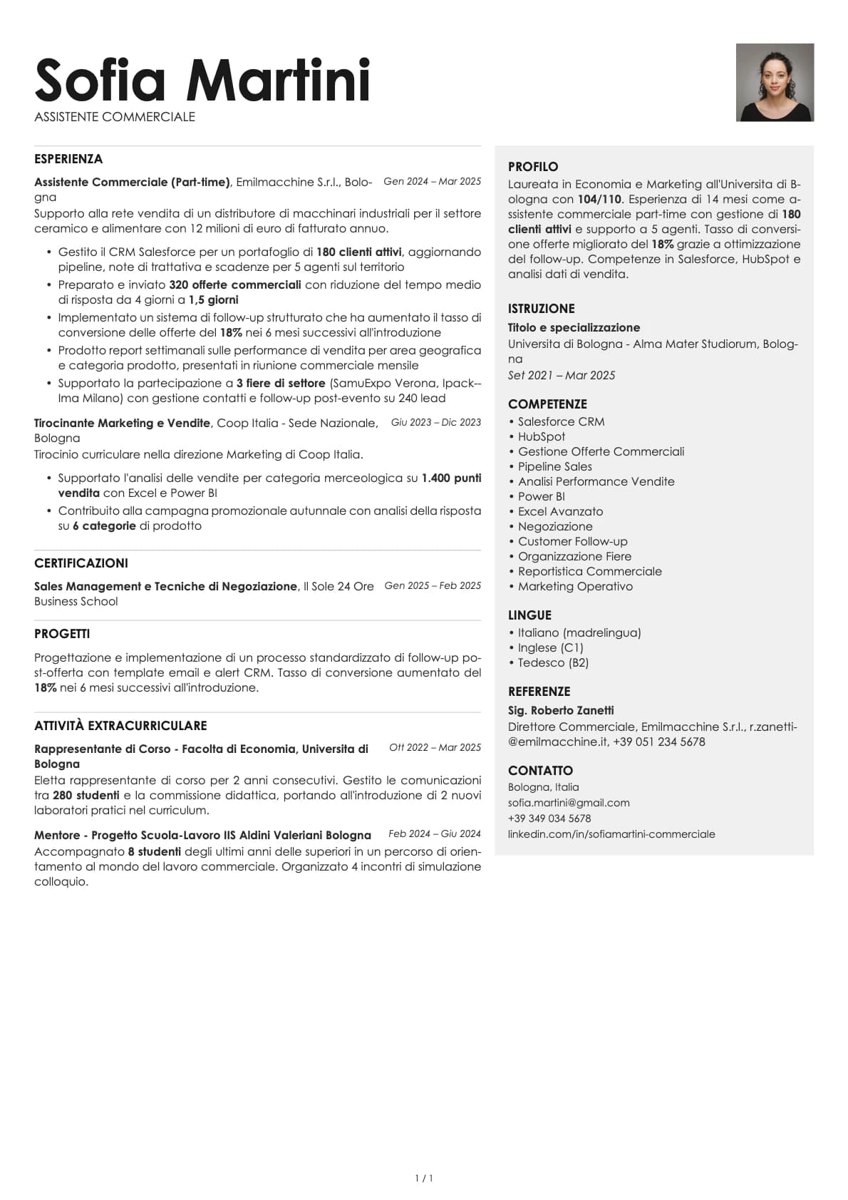 Assistente Commerciale resume example