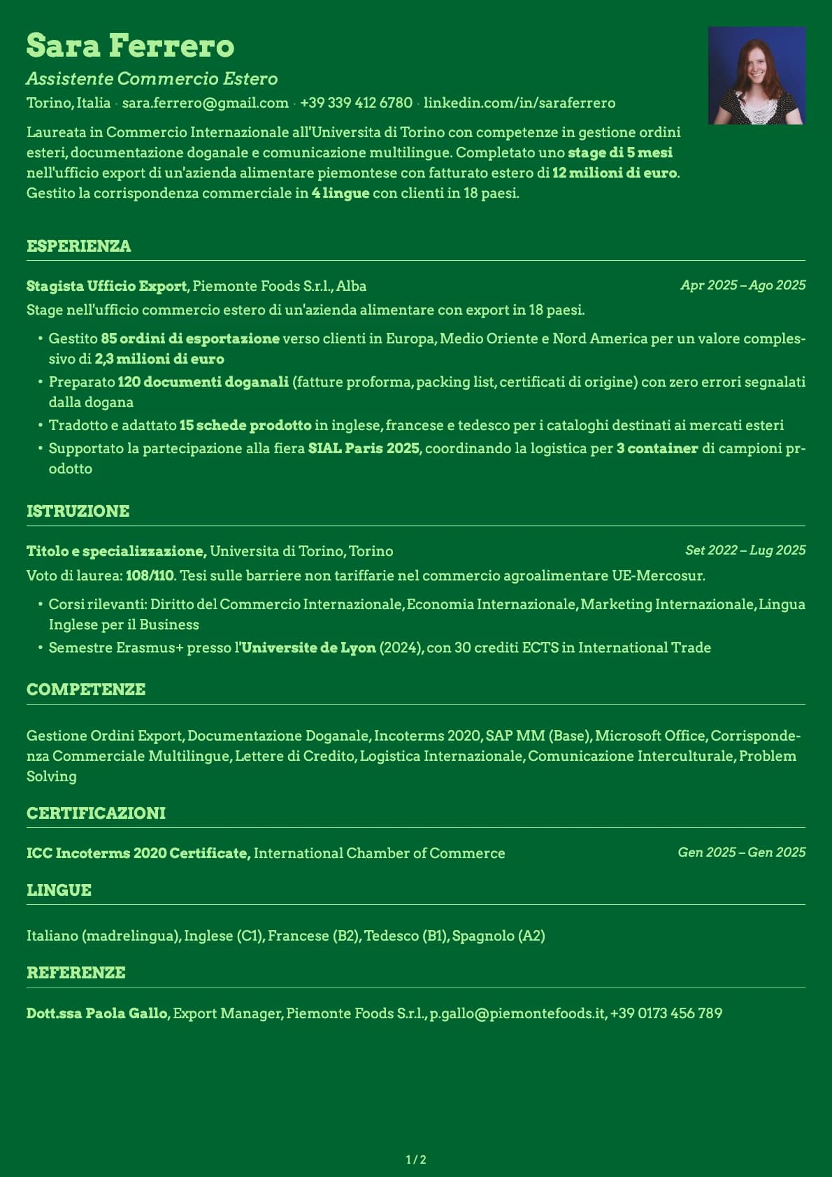 Assistente Commercio Estero resume example