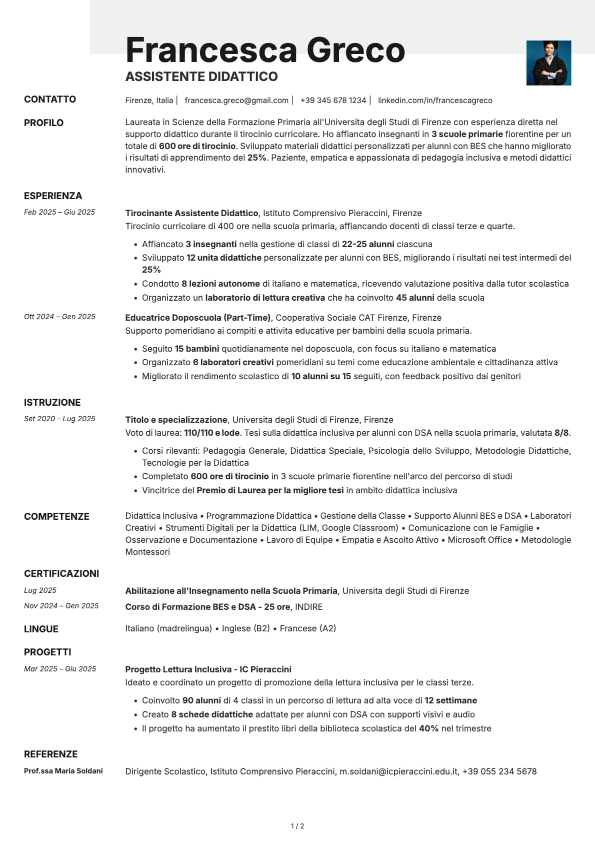 Assistente Didattico resume example