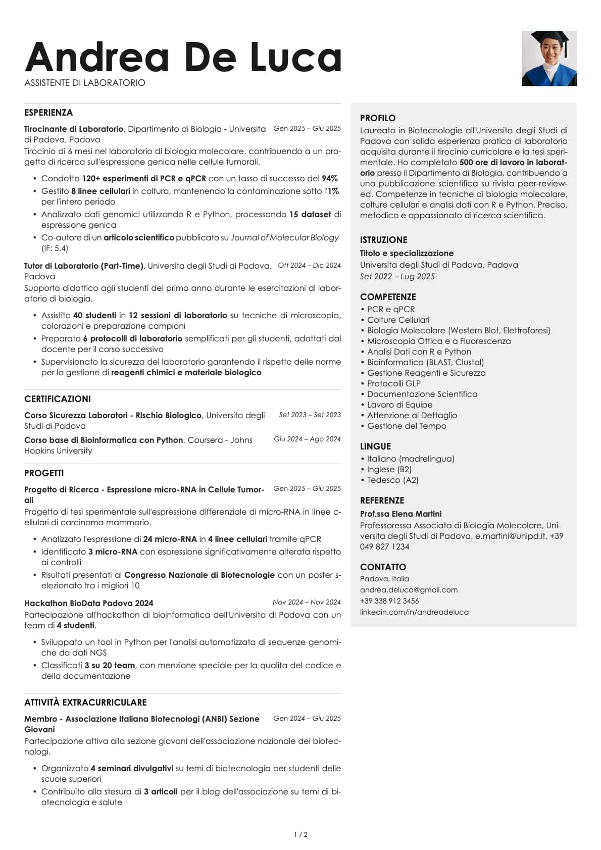 Assistente di Laboratorio resume example