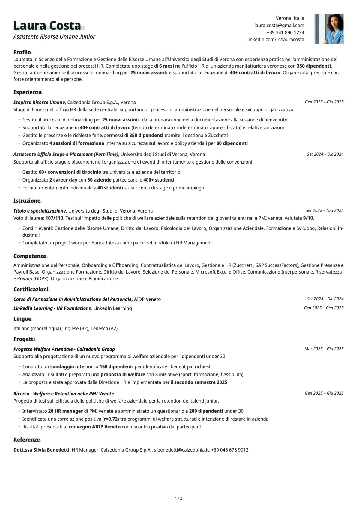 Assistente Risorse Umane Junior resume example