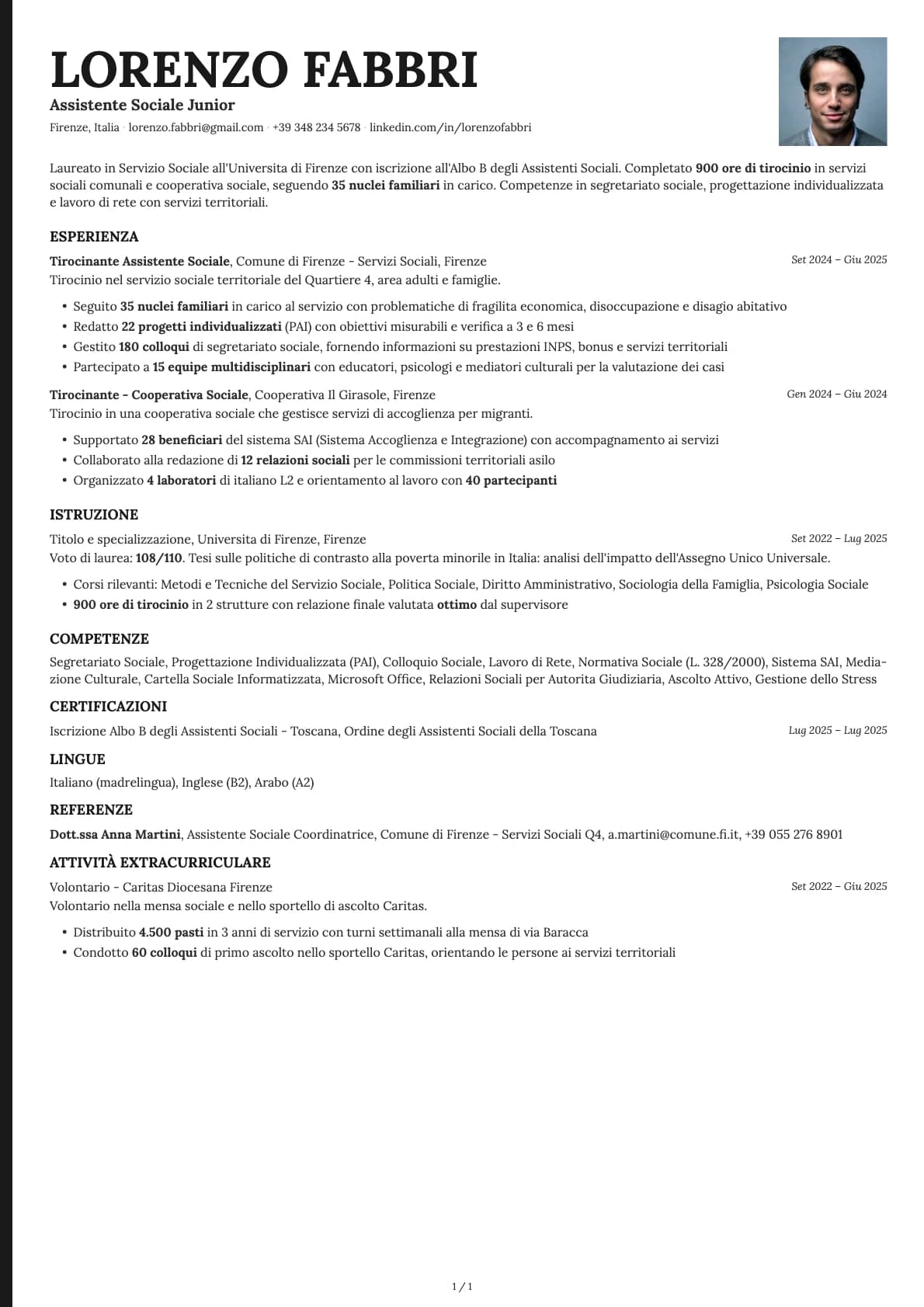 Assistente Sociale Junior resume example