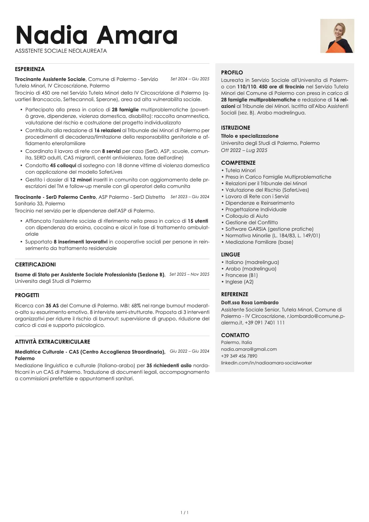 Assistente Sociale Neolaureato resume example