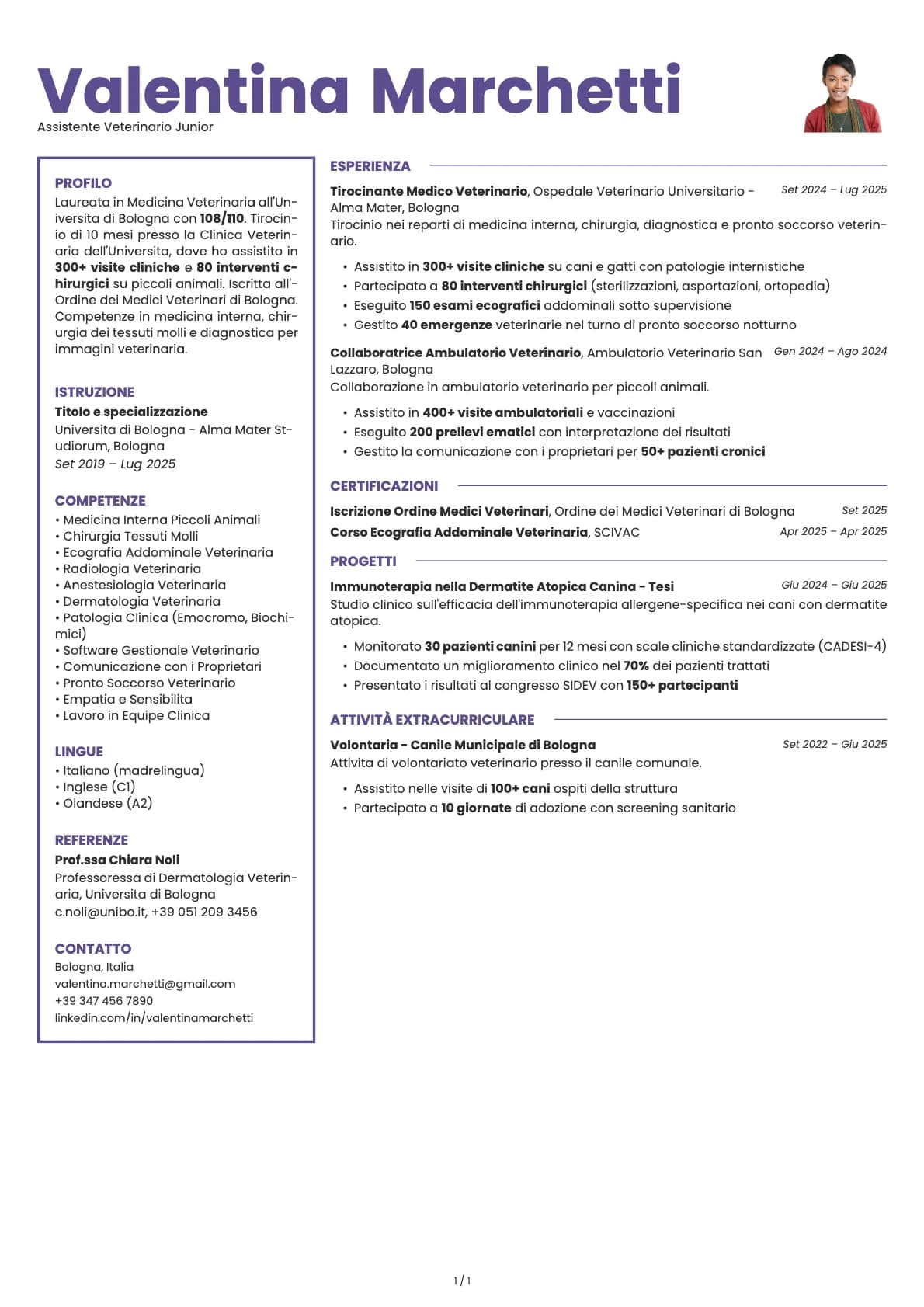 Assistente Veterinario Junior resume example