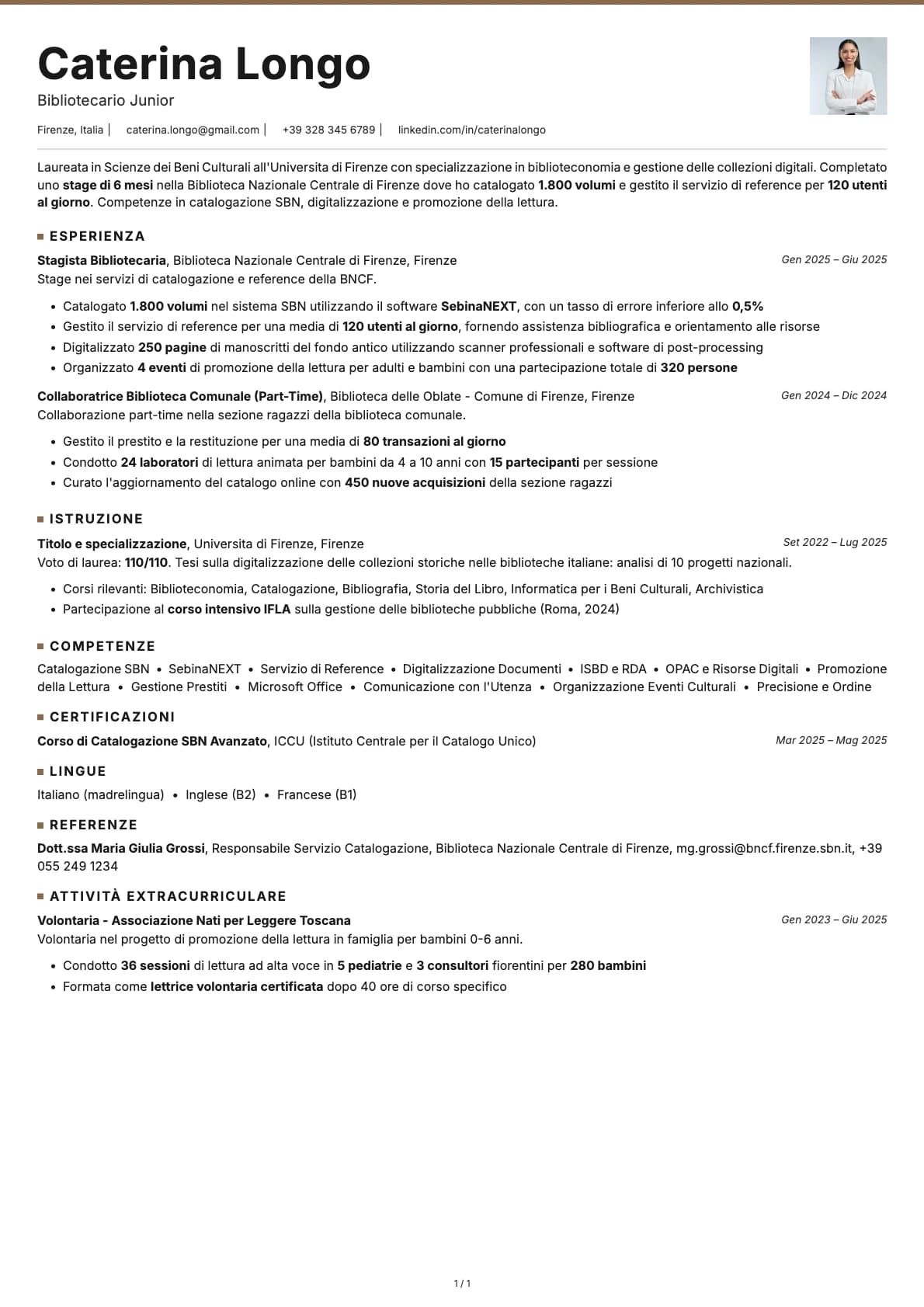 Bibliotecario Junior resume example