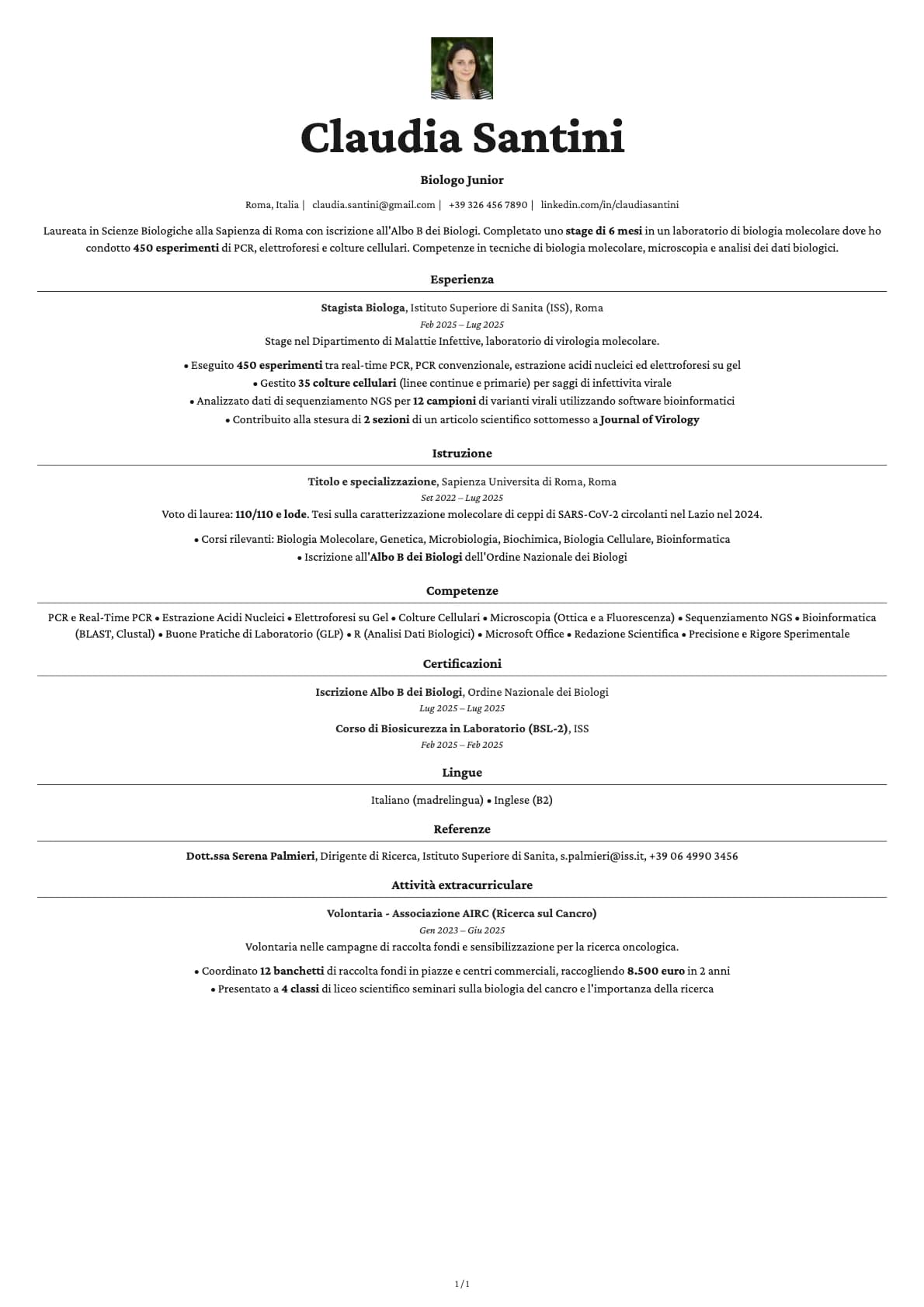 Biologo Junior resume example
