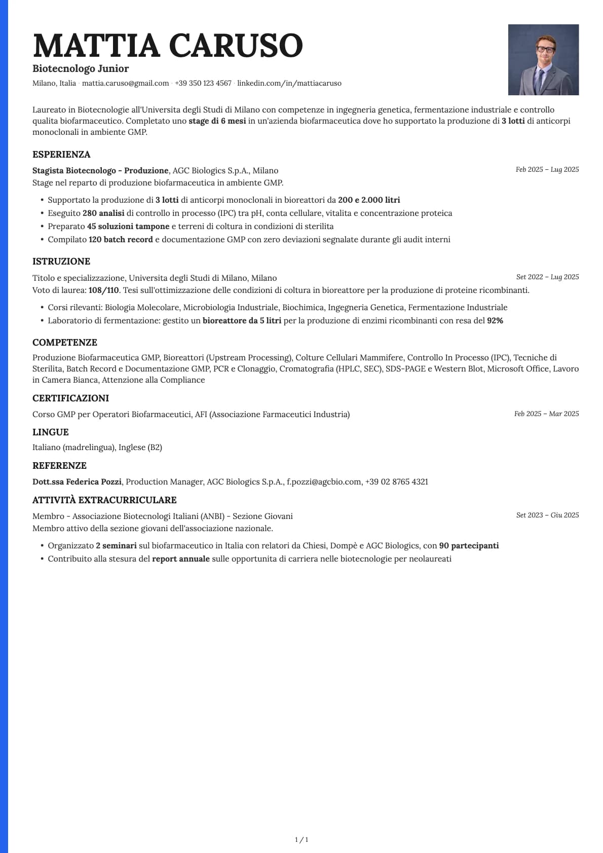 Biotecnologo Junior resume example